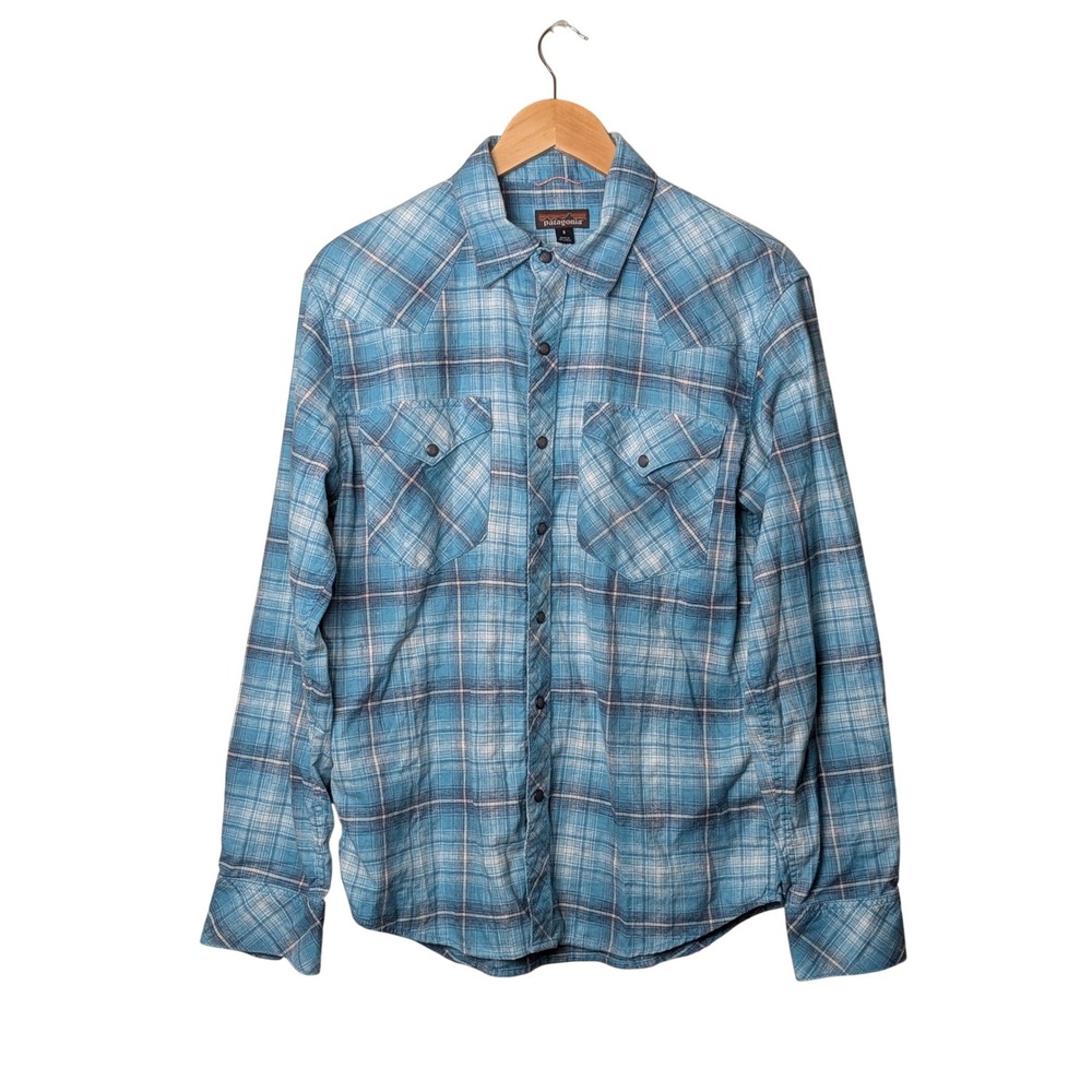Patagonia Western Snap Shirt Mens S Blue Plaid Hemp Blend 53330 Workwear Rugged